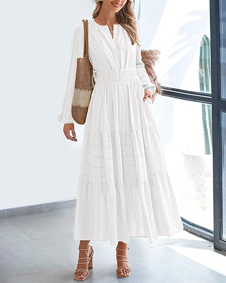 Women Casual Long Sleeve V Neck Elastic Pocket Dress