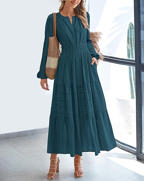 Women Casual Long Sleeve V Neck Elastic Pocket Dress