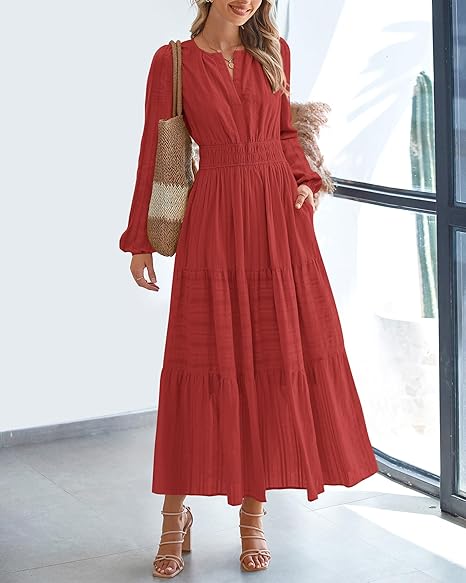 Women Casual Long Sleeve V Neck Elastic Pocket Dress