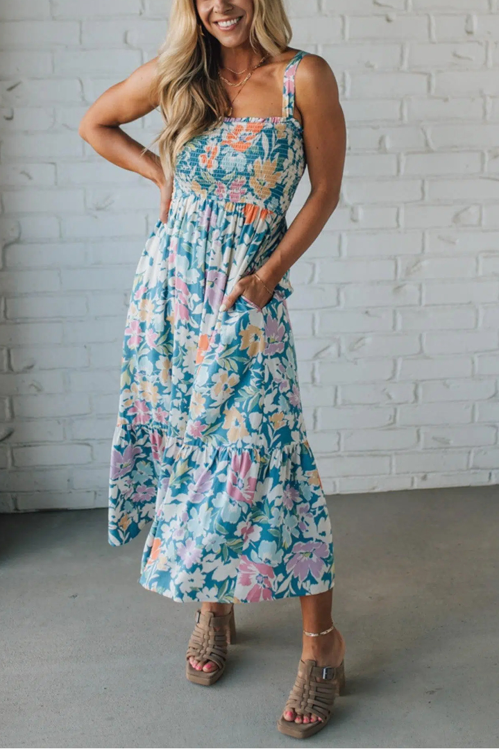 Tapered Strap Floral Midi Dress