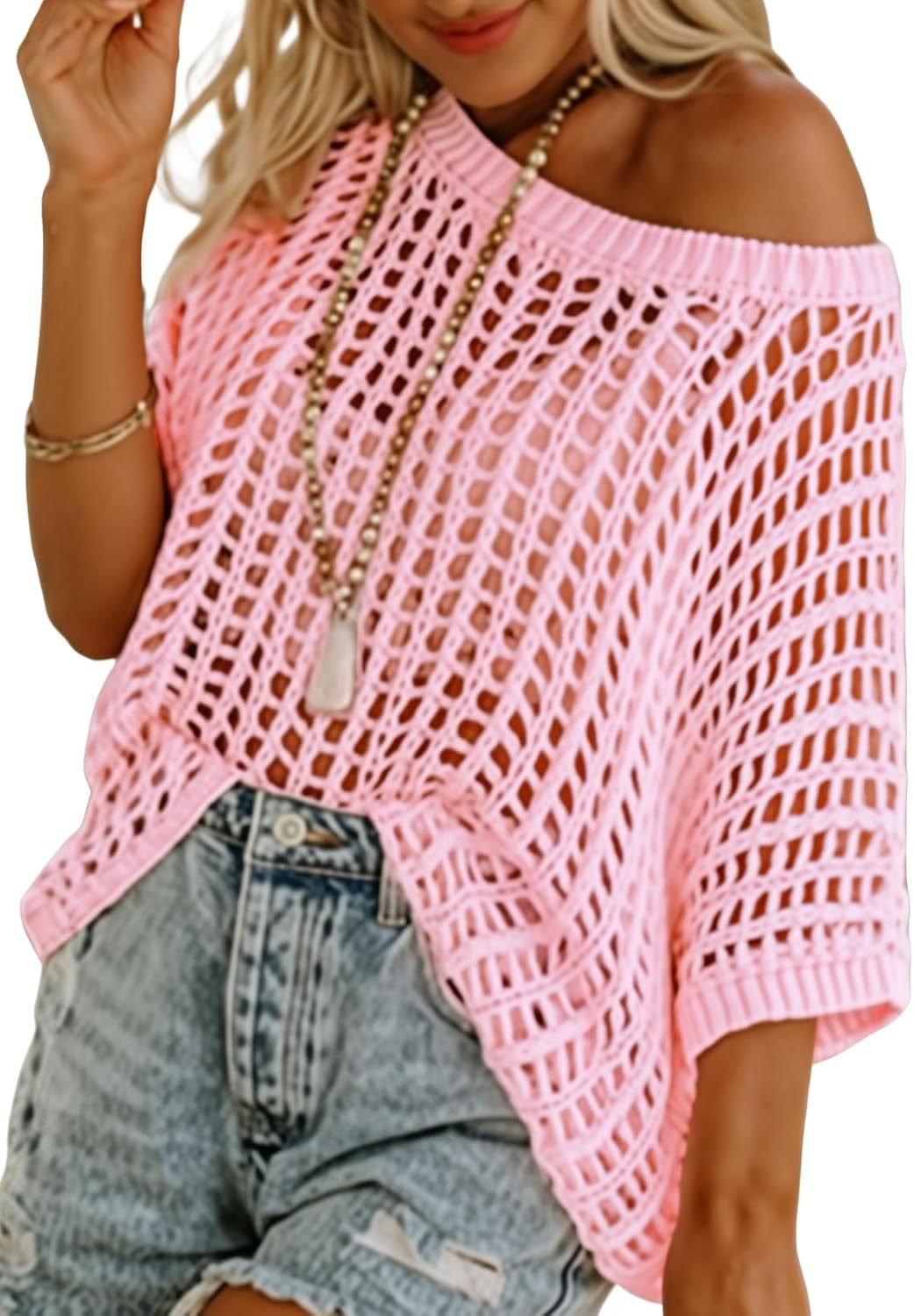 Womens Summer Casual Short Sleeve Hollow Out Pullover Knit Tops(BUY 2 FREE SHIPPING)