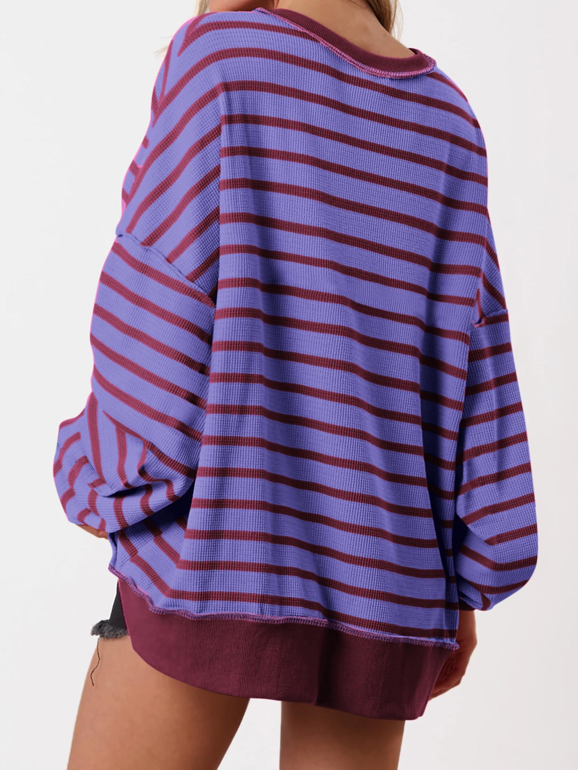 Women's Striped Oversized Button Up Henley Neck Waffle Knit Pullover（BUY 2 FREE SHIPPING)