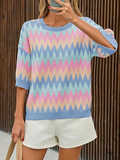 Women's short sleeve round neck color block striped top（BUY 2 FREE SHIPPING)