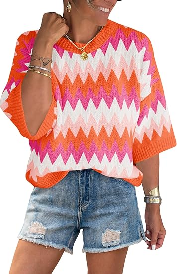 Women's short sleeve round neck color block striped top（BUY 2 FREE SHIPPING)