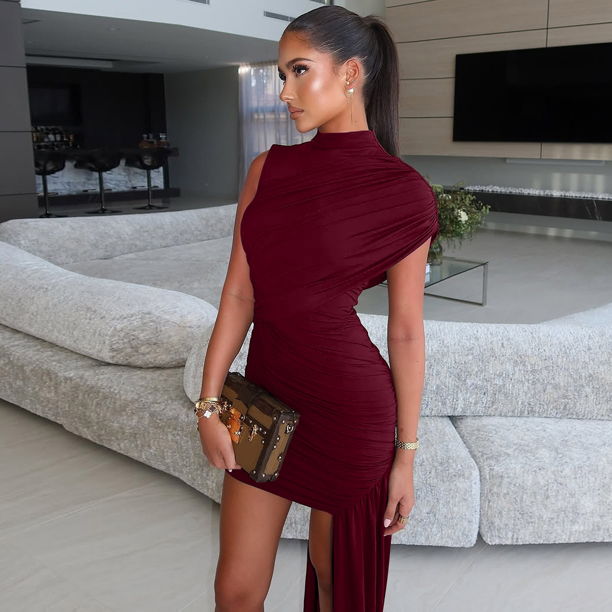 Asymmetric Neckline Ruffled Draped Mini Dress(BUY 2 FREE SHIPPING)
