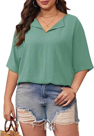 Plus Size Tops for Womens 2025 V Neck 3/4 Sleeve T-Shirts Summer Loose Blouses（BUY 3 FREE SHIPPING)