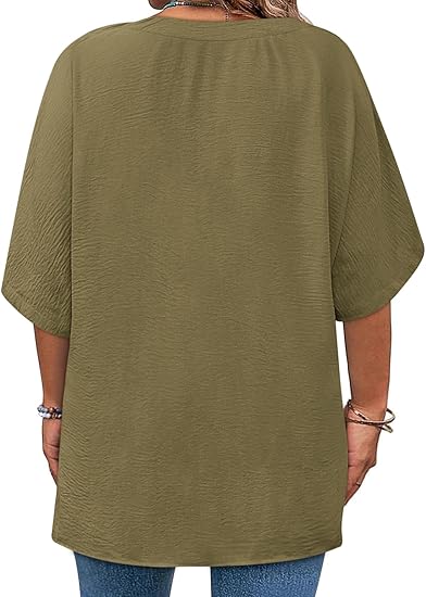 Plus Size Tops for Womens 2025 V Neck 3/4 Sleeve T-Shirts Summer Loose Blouses（BUY 3 FREE SHIPPING)
