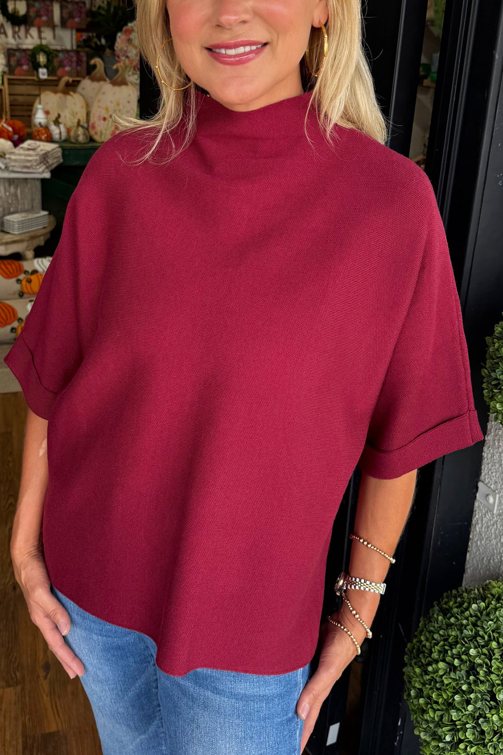 Mid-high collar knitted short-sleeved top（BUY 2 FREE SHIPPING)