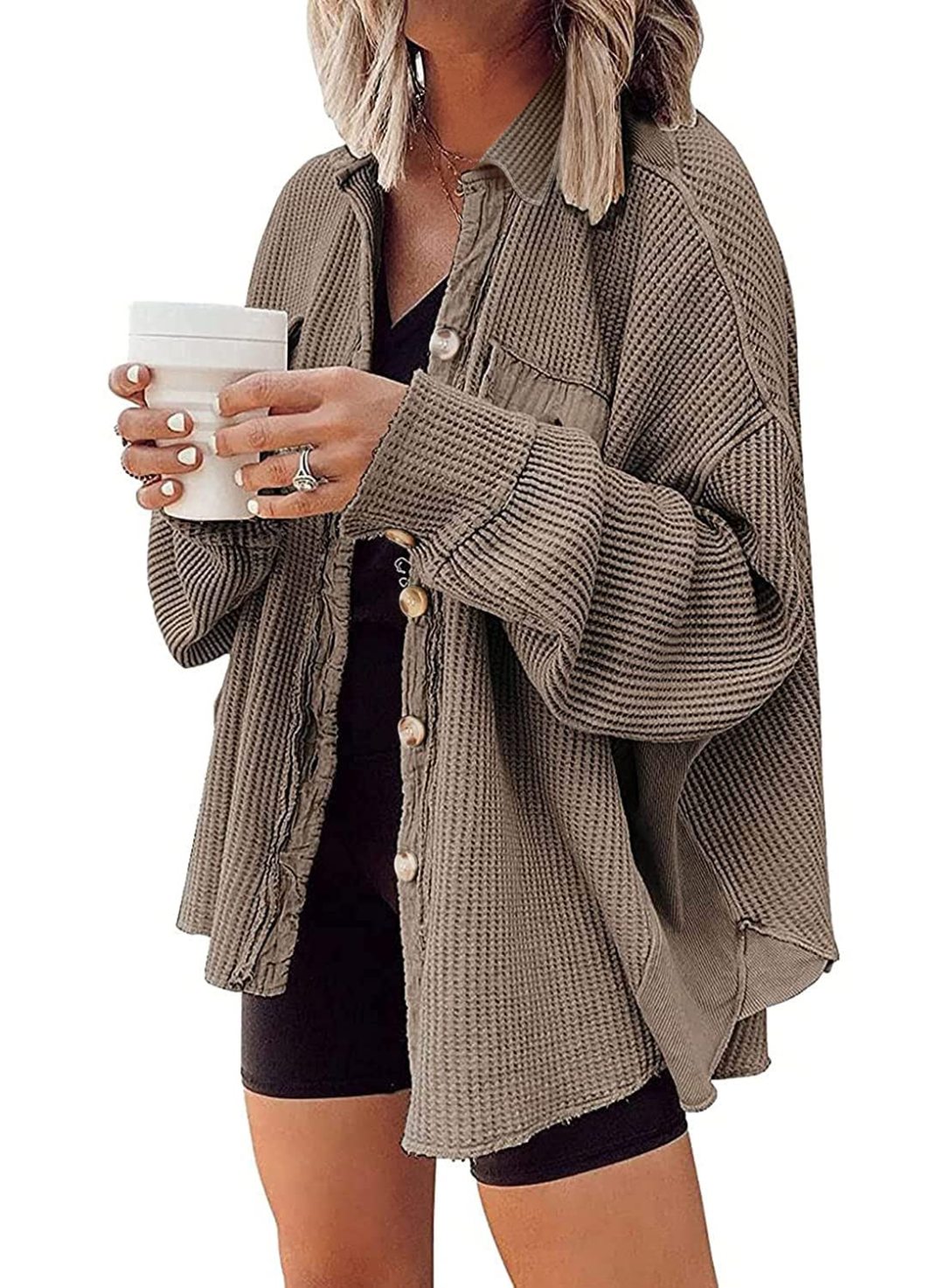 Women's Loose Fit Batwing Sleeve Waffle Knit Button Down Shirt Shacket Tops(BUY 2 FREE SHIPPING)