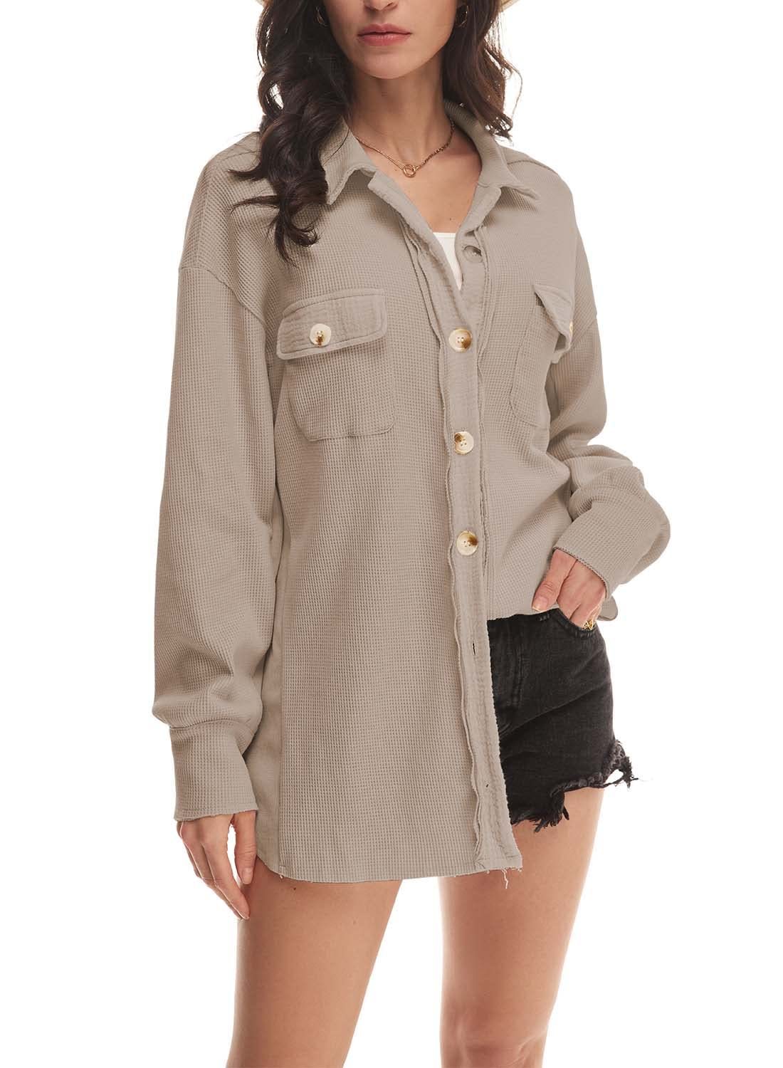 Women's Loose Fit Batwing Sleeve Waffle Knit Button Down Shirt Shacket Tops(BUY 2 FREE SHIPPING)