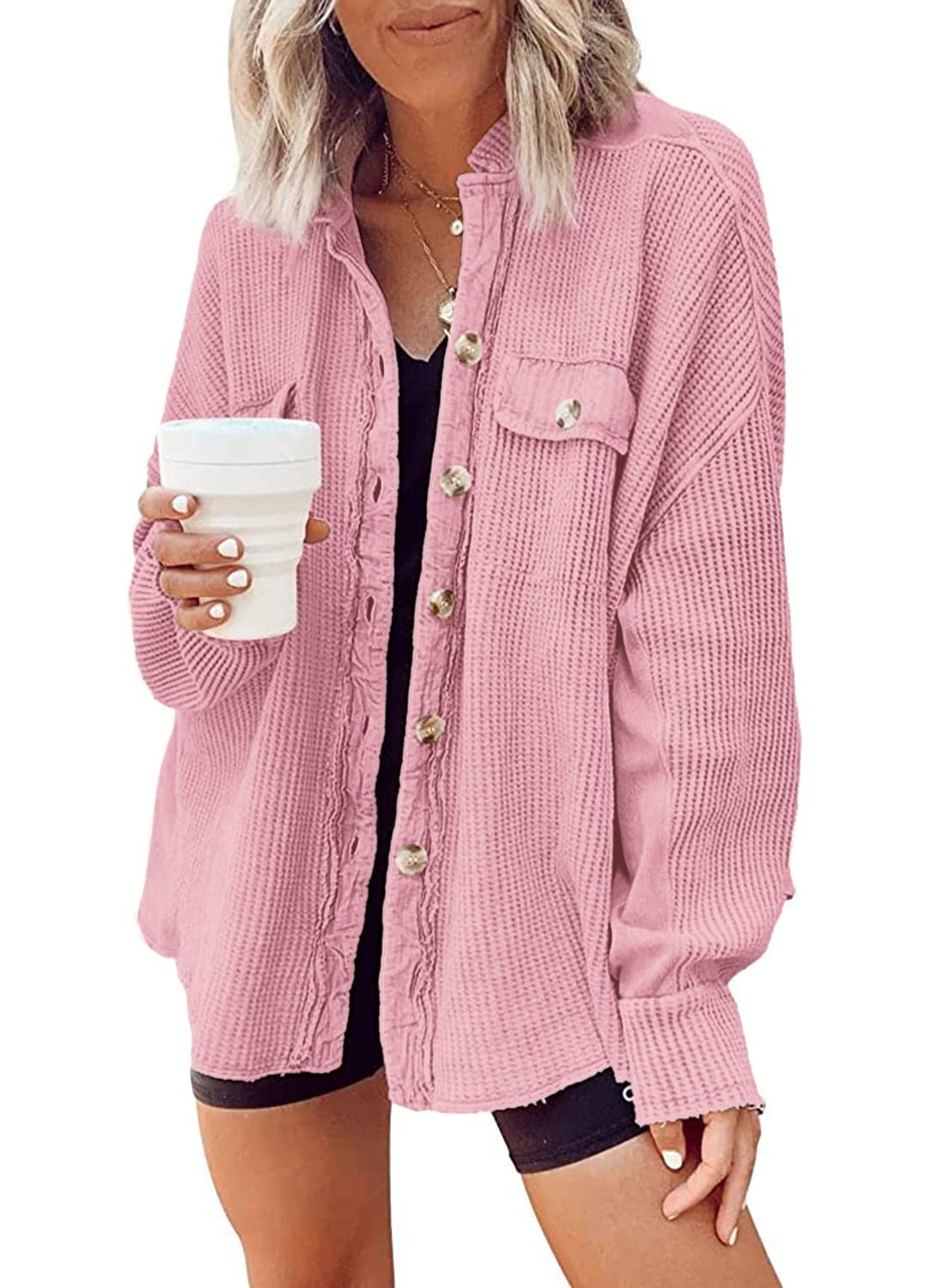 Women's Loose Fit Batwing Sleeve Waffle Knit Button Down Shirt Shacket Tops(BUY 2 FREE SHIPPING)