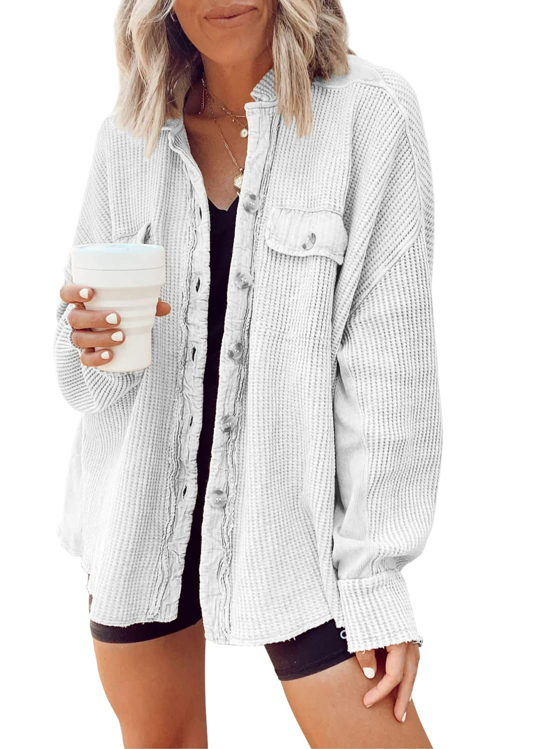 Women's Loose Fit Batwing Sleeve Waffle Knit Button Down Shirt Shacket Tops(BUY 2 FREE SHIPPING)