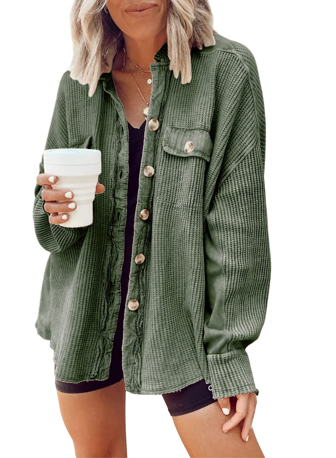 Women's Loose Fit Batwing Sleeve Waffle Knit Button Down Shirt Shacket Tops(BUY 2 FREE SHIPPING)