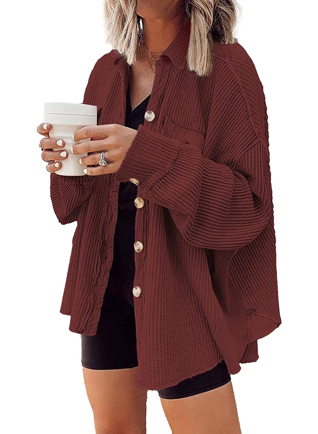 Women's Loose Fit Batwing Sleeve Waffle Knit Button Down Shirt Shacket Tops(BUY 2 FREE SHIPPING)