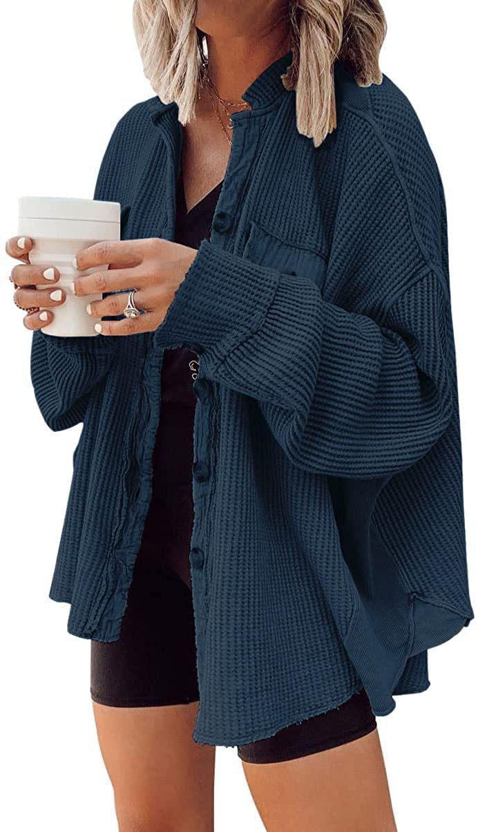 Women's Loose Fit Batwing Sleeve Waffle Knit Button Down Shirt Shacket Tops(BUY 2 FREE SHIPPING)