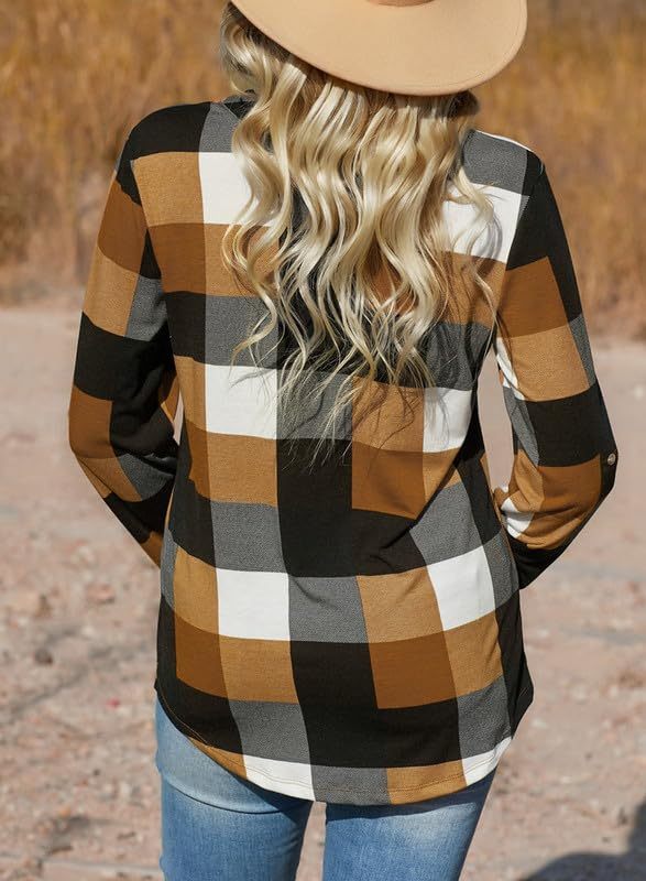 Women's V Neck Plaid Print Cuffed Long Sleeve Shirt(BUY 2 FREE SHIPPING)