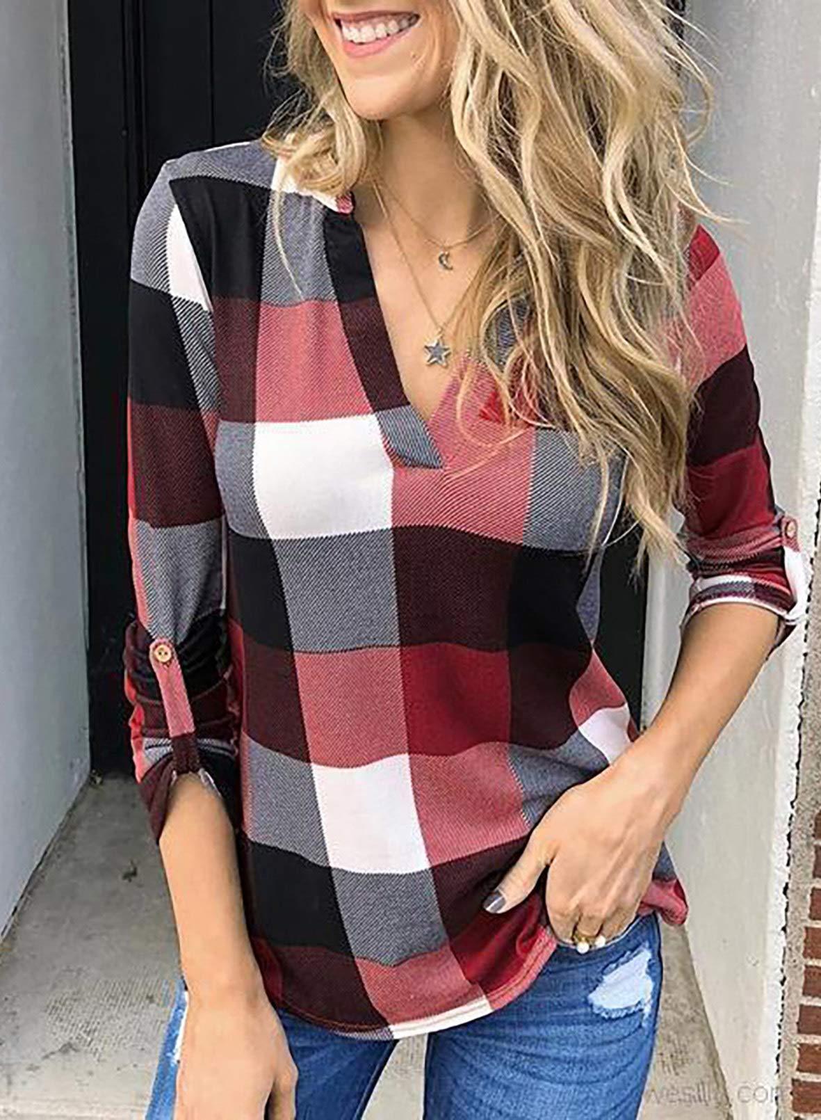 Women's V Neck Plaid Print Cuffed Long Sleeve Shirt(BUY 2 FREE SHIPPING)