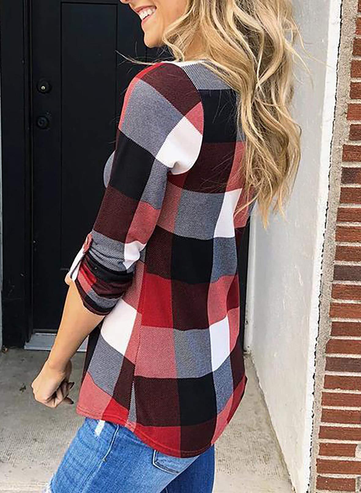 Women's V Neck Plaid Print Cuffed Long Sleeve Shirt(BUY 2 FREE SHIPPING)
