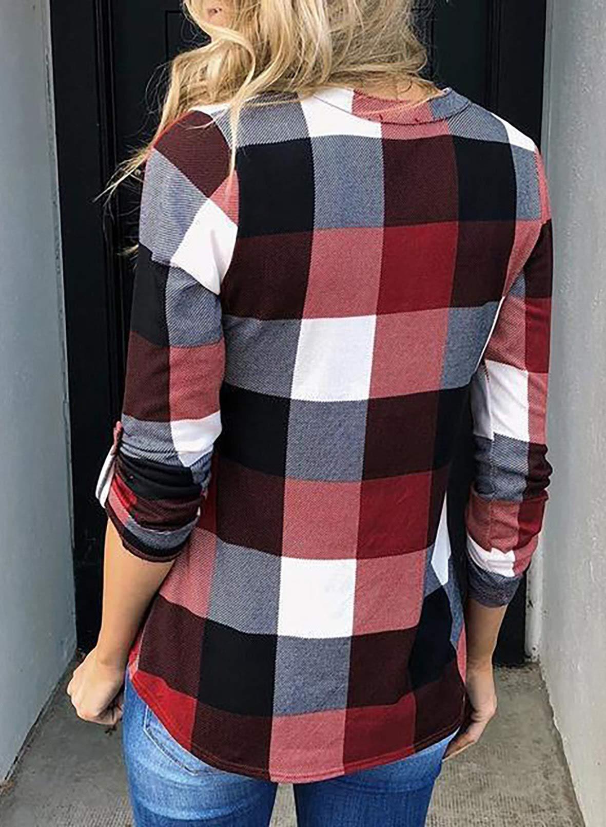 Women's V Neck Plaid Print Cuffed Long Sleeve Shirt(BUY 2 FREE SHIPPING)