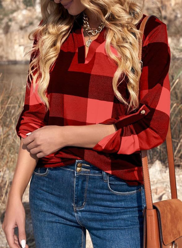 Women's V Neck Plaid Print Cuffed Long Sleeve Shirt(BUY 2 FREE SHIPPING)