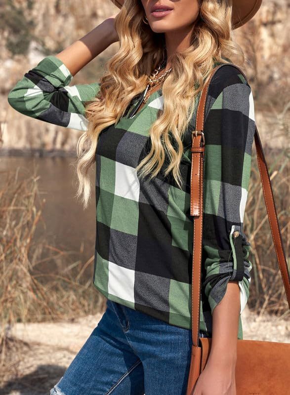 Women's V Neck Plaid Print Cuffed Long Sleeve Shirt(BUY 2 FREE SHIPPING)