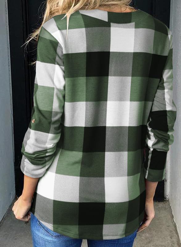 Women's V Neck Plaid Print Cuffed Long Sleeve Shirt(BUY 2 FREE SHIPPING)
