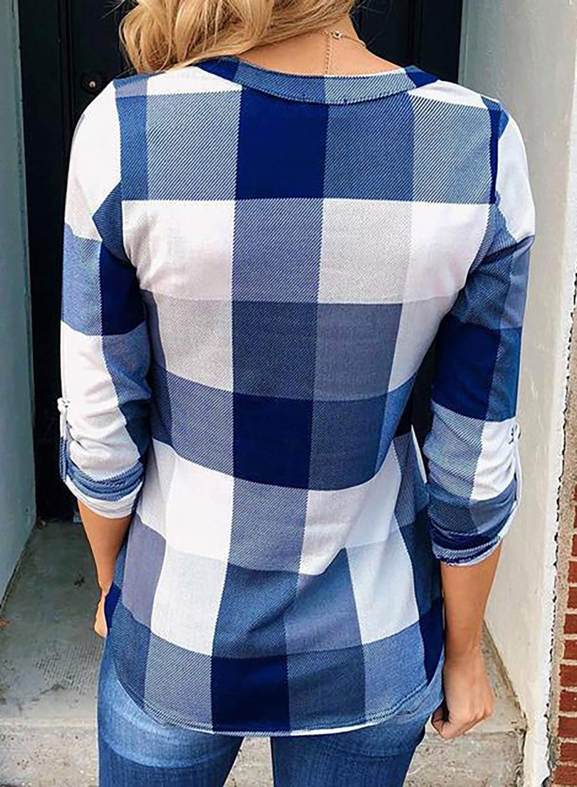 Women's V Neck Plaid Print Cuffed Long Sleeve Shirt(BUY 2 FREE SHIPPING)