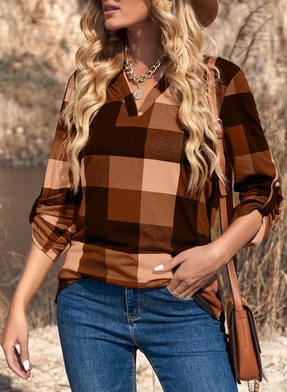 Women's V Neck Plaid Print Cuffed Long Sleeve Shirt(BUY 2 FREE SHIPPING)