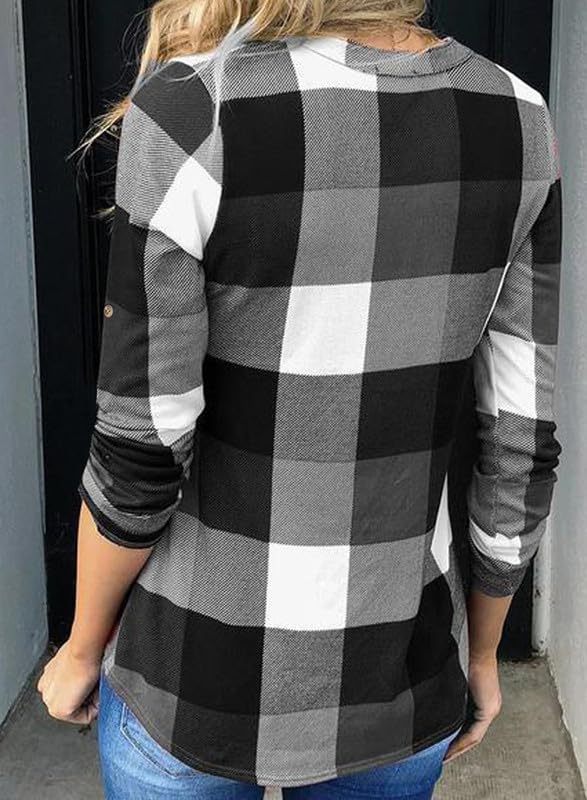 Women's V Neck Plaid Print Cuffed Long Sleeve Shirt(BUY 2 FREE SHIPPING)
