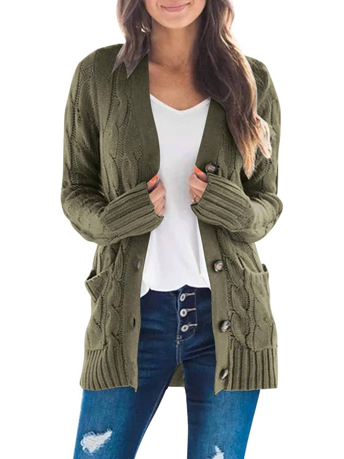 Women's Fall Casual Long Sleeve Button Down Open Front Cable Knit Cardigan(Buy 2 Free Shipping)