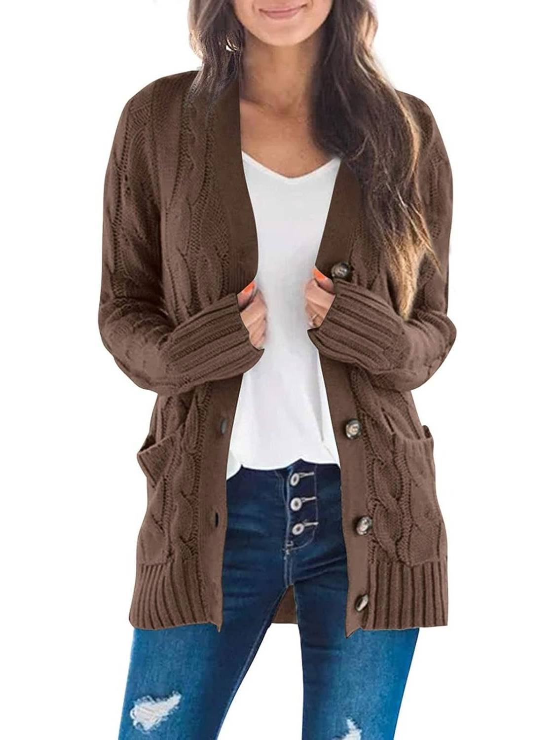 Women's Fall Casual Long Sleeve Button Down Open Front Cable Knit Cardigan(Buy 2 Free Shipping)