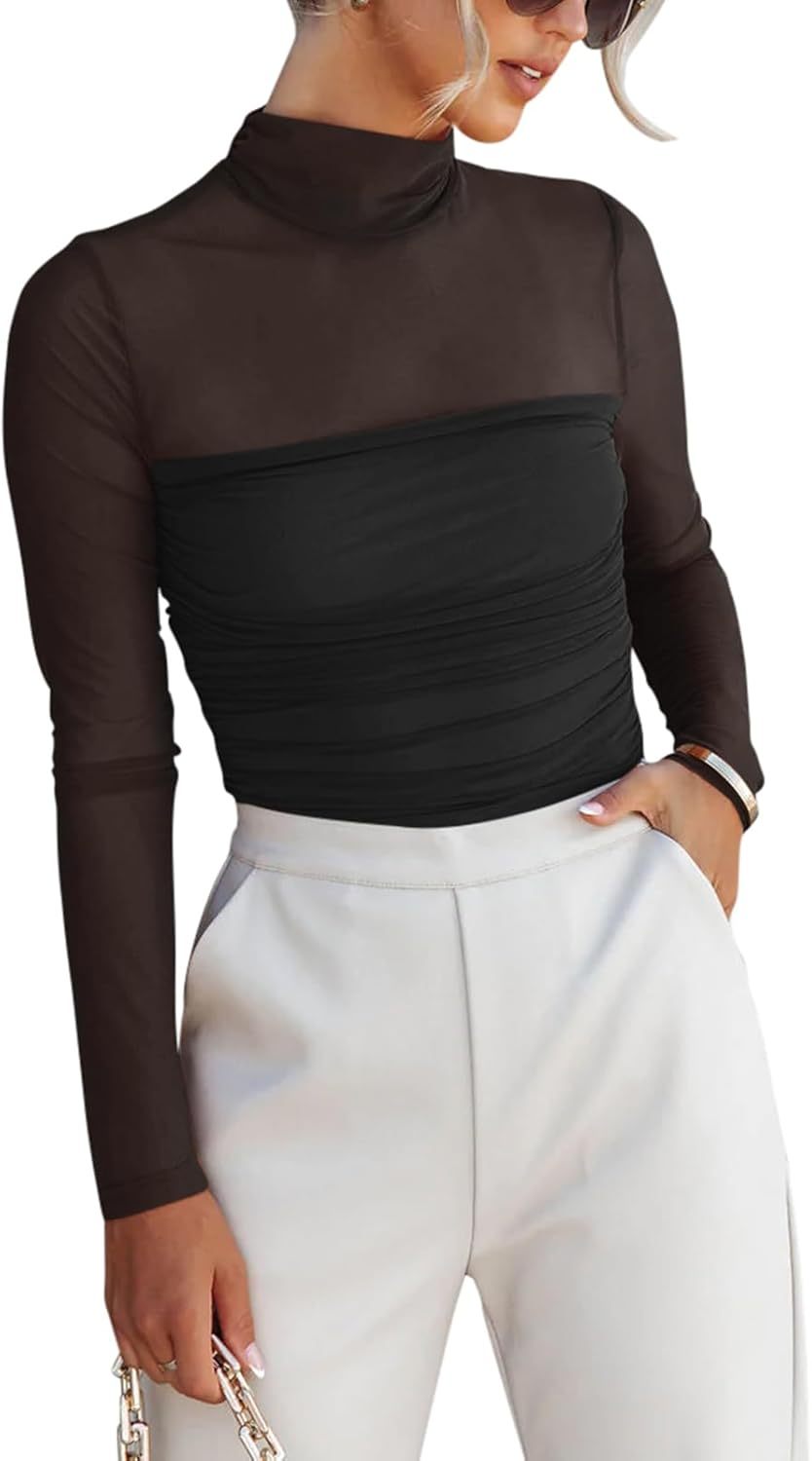 Women’s Trendy Sexy Mock Turtle Neck Long Sleeve Sheer Mesh Ruched Going Out Bodysuits Tops