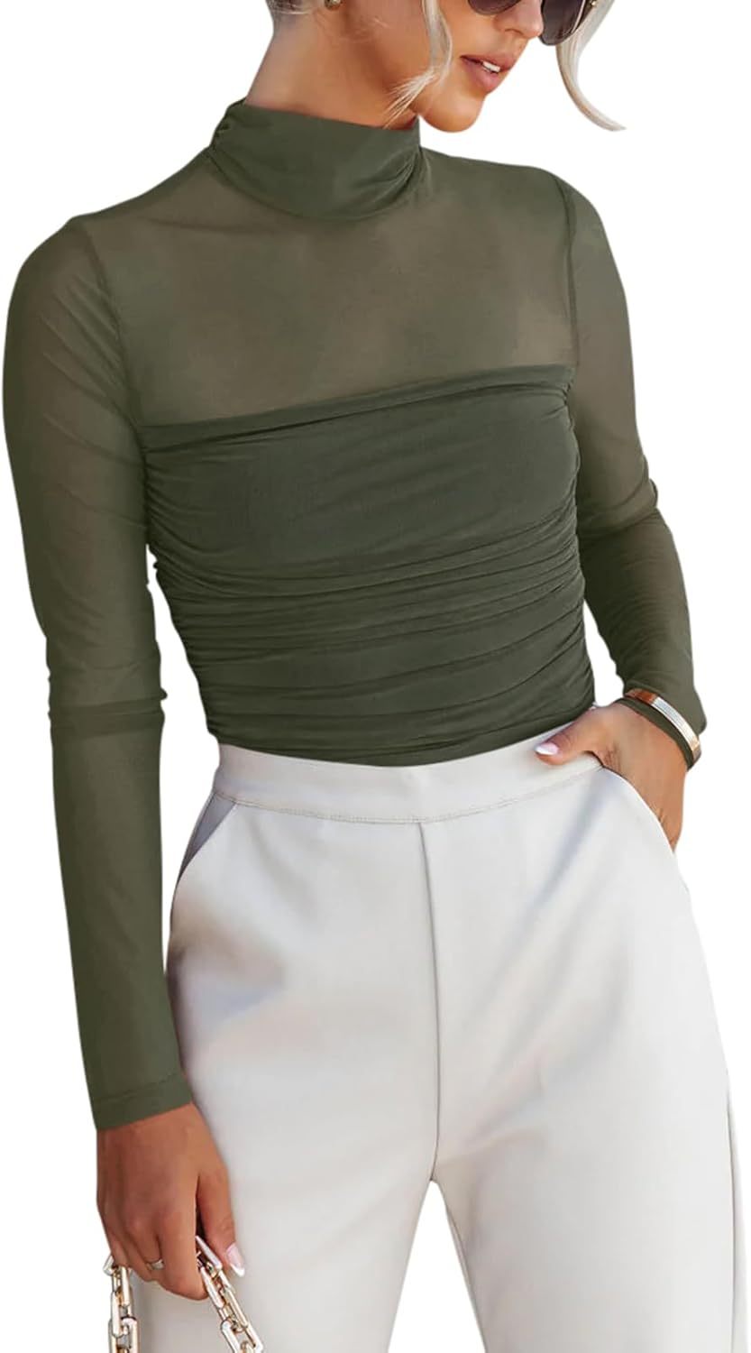 Women’s Trendy Sexy Mock Turtle Neck Long Sleeve Sheer Mesh Ruched Going Out Bodysuits Tops