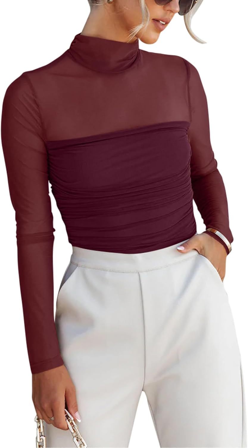 Women’s Trendy Sexy Mock Turtle Neck Long Sleeve Sheer Mesh Ruched Going Out Bodysuits Tops