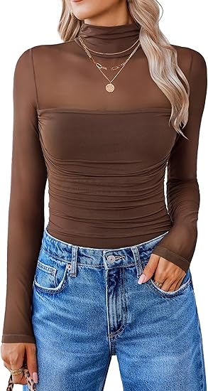 Women’s Trendy Sexy Mock Turtle Neck Long Sleeve Sheer Mesh Ruched Going Out Bodysuits Tops