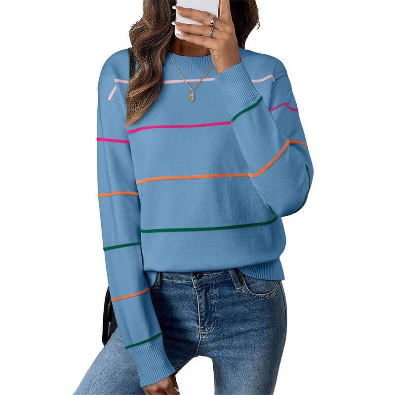 Women's Striped Sweater Cozy Soft Ribbed Knit Crew Neck Long Sleeve