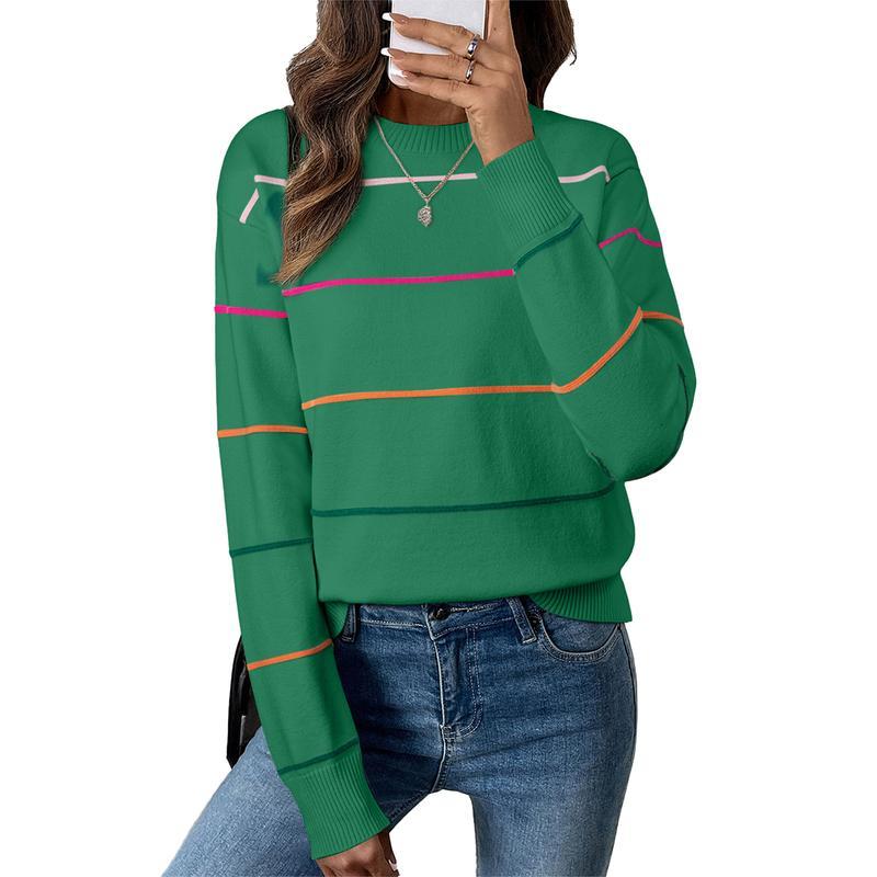 Women's Striped Sweater Cozy Soft Ribbed Knit Crew Neck Long Sleeve