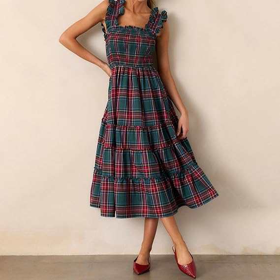 Sleeveless Plaid Print Ruffled A-Line Maxi Dress（BUY 2 FREE SHIPPING)