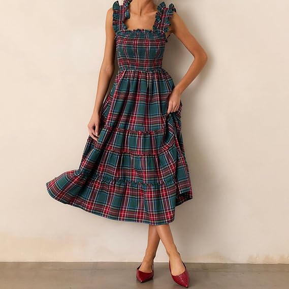 Sleeveless Plaid Print Ruffled A-Line Maxi Dress（BUY 2 FREE SHIPPING)