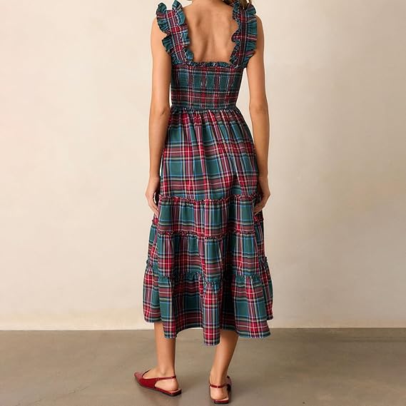 Sleeveless Plaid Print Ruffled A-Line Maxi Dress（BUY 2 FREE SHIPPING)