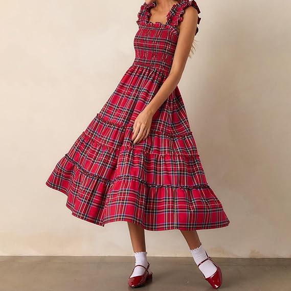Sleeveless Plaid Print Ruffled A-Line Maxi Dress（BUY 2 FREE SHIPPING)