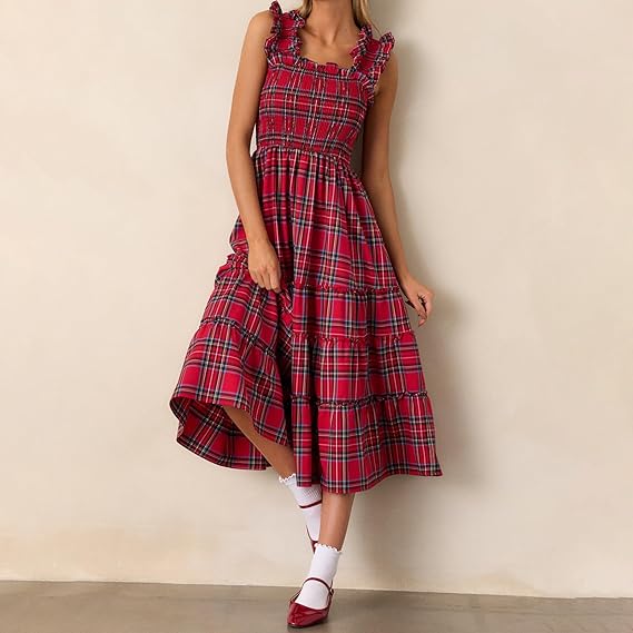 Sleeveless Plaid Print Ruffled A-Line Maxi Dress（BUY 2 FREE SHIPPING)