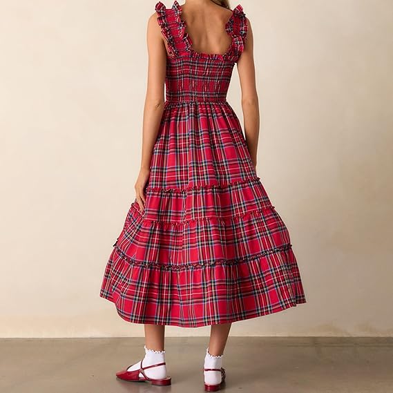 Sleeveless Plaid Print Ruffled A-Line Maxi Dress（BUY 2 FREE SHIPPING)