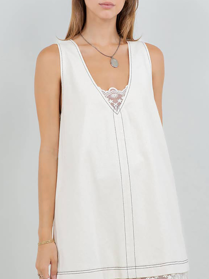 Denim Washed Contrast Lace Panel Shift Dress（BUY 2 FREE SHIPPING)