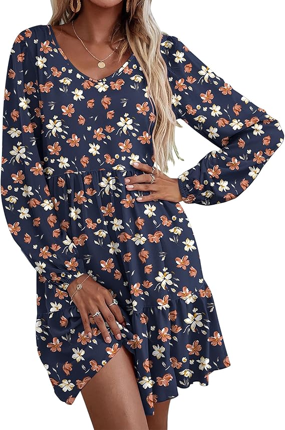 Women's Casual V-Neck A-Line Pocket Long Sleeve Dress(BUY 2 FREE SHIPPING)