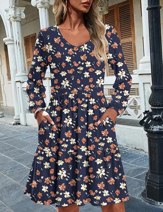 Women's Casual V-Neck A-Line Pocket Long Sleeve Dress(BUY 2 FREE SHIPPING)