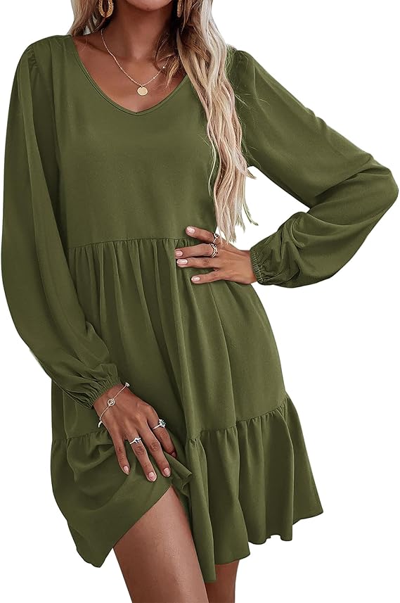 Women's Casual V-Neck A-Line Pocket Long Sleeve Dress(BUY 2 FREE SHIPPING)