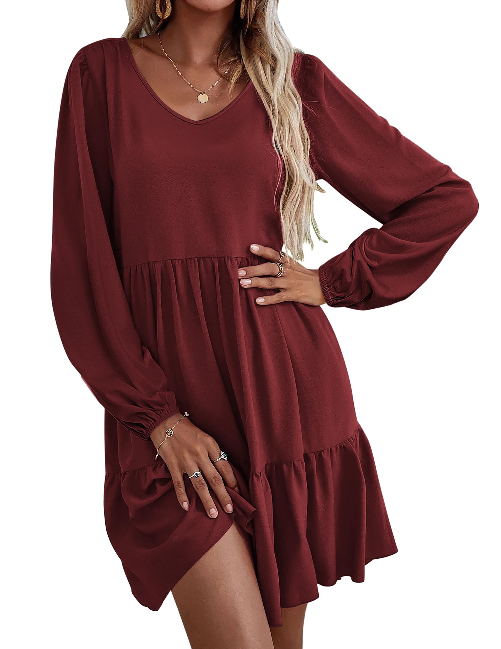 Women's Casual V-Neck A-Line Pocket Long Sleeve Dress(BUY 2 FREE SHIPPING)