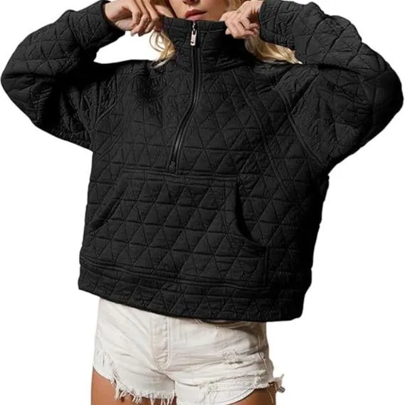 Women's Quilted Puffer Jacket Half-Zip Pullover Sweatshirt Long Sleeve Lightweight Fall Casual Oversize Warm Outerwear(BUY 2 FREE SHIPPING)