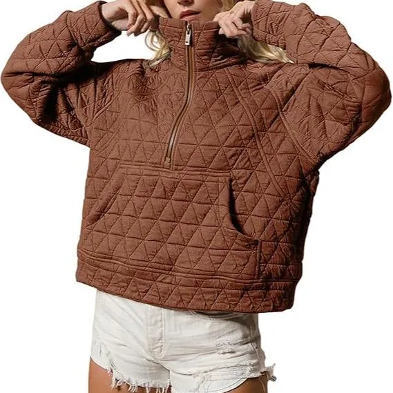 Women's Quilted Puffer Jacket Half-Zip Pullover Sweatshirt Long Sleeve Lightweight Fall Casual Oversize Warm Outerwear(BUY 2 FREE SHIPPING)